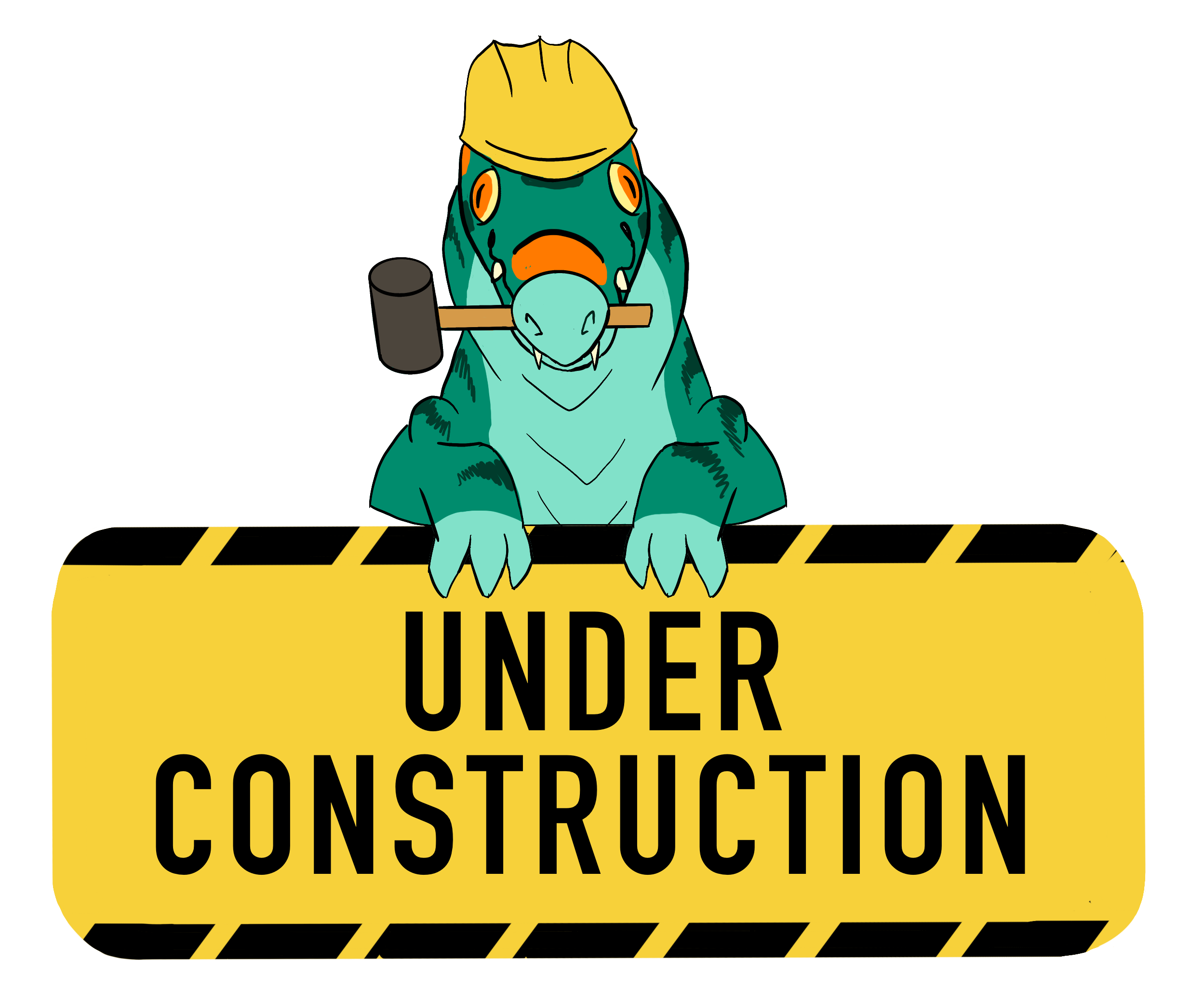 Green cartoon alligator with hard hat and holding a hammer in his mouth. A large 'Under Construction' sign under him.